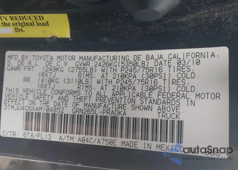 2010 Toyota Tacoma Prerunner V6 z USA, uszkodzony, nr VIN 3TMJU4GNXAM104852